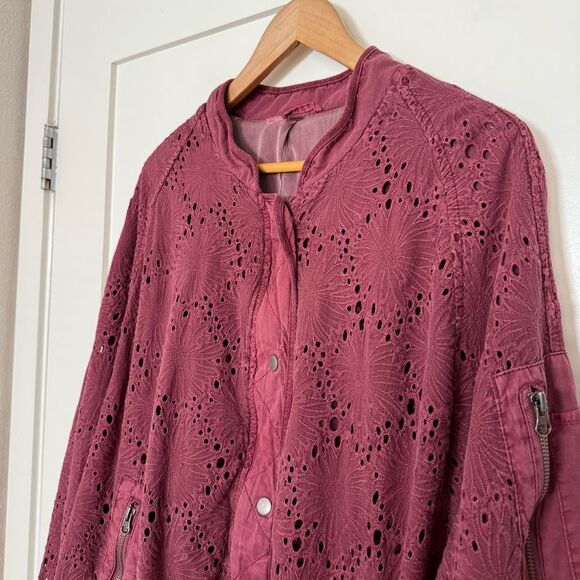Free People Daisy Jane Bomber Jacket Women Sz L Burgundy Eyelet Embroidered Boho - Picture 2 of 12